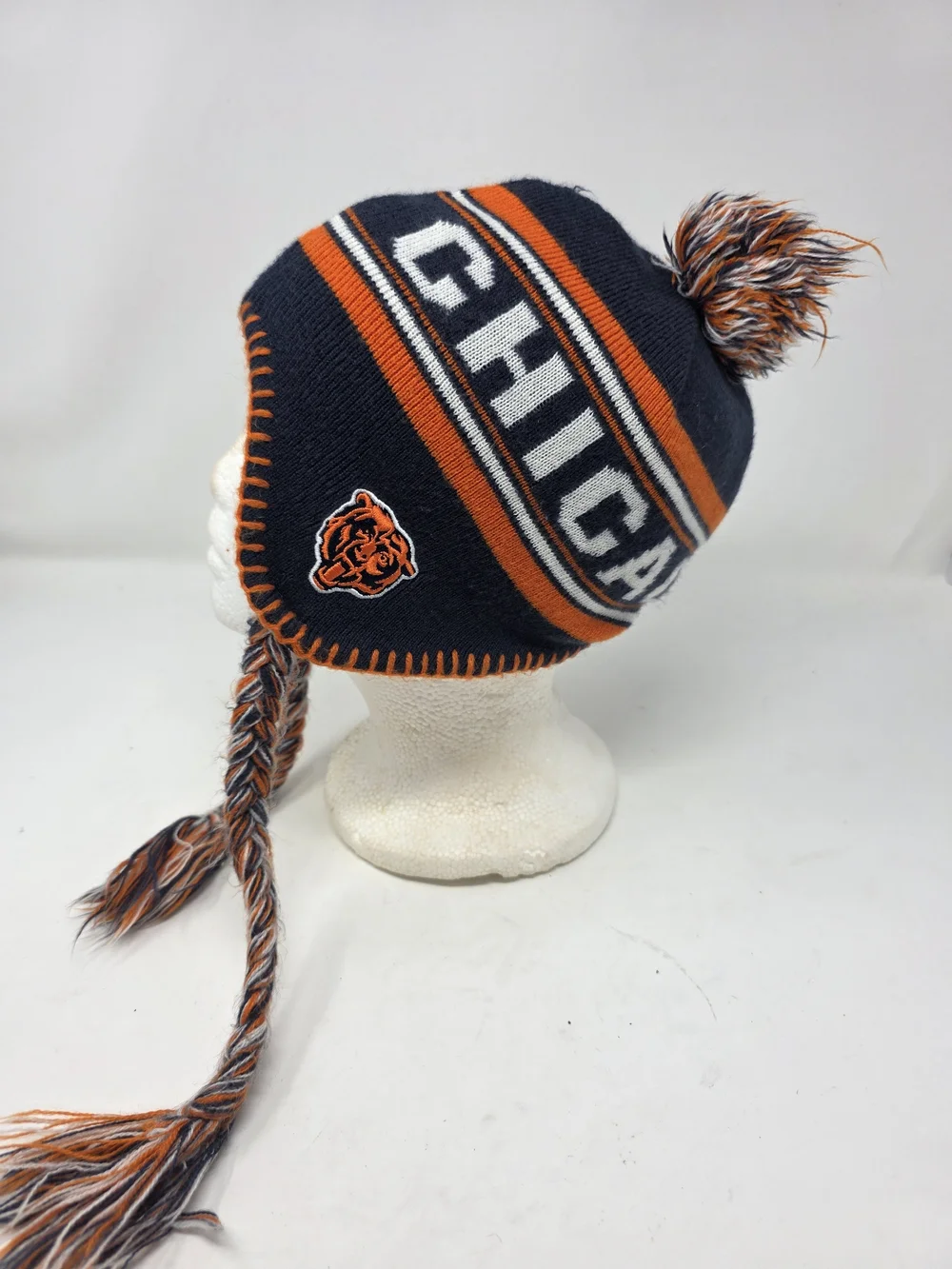 NFL Chicago Bears Youth Fleece Lined Knit Earflap Beanie Pom Hat Navy Orange